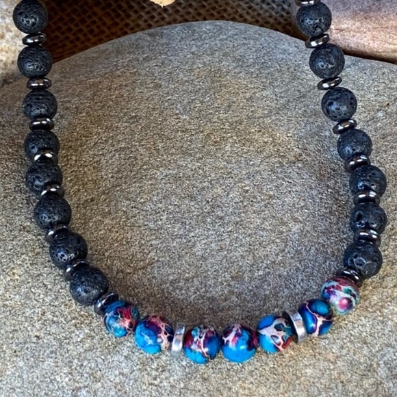 The Girl with Kaleidoscope Eyes Other - Blue Agate & Lava Stone Necklace